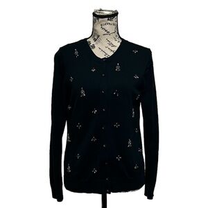 LOFT Womens Black Cardigan M RHINESTONE Beads Casual Preppy Coquette Modest